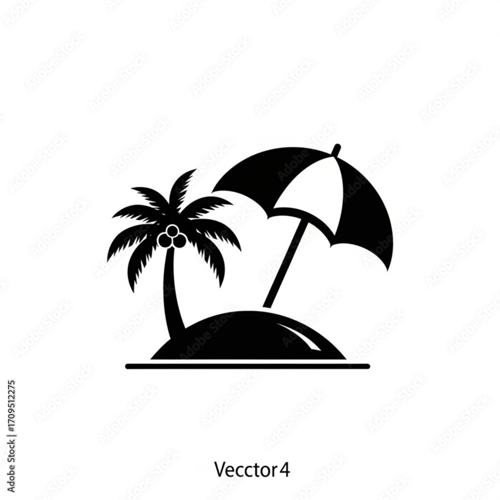Poster illustration of a palm tree with coconuts and an umbrella on an island in black and white color sche