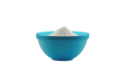 A bright blue mixing bowl is filled with a generous pile of white powder.