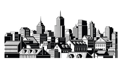 Naklejka premium Stylized black and white vector illustration of a city skyline with modern and historic architecture