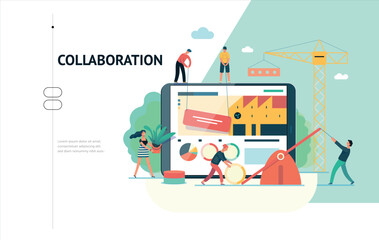 E-commerce information vector graphic  A “Collaboration” scene with people working on a large screen, on a light background with green elements