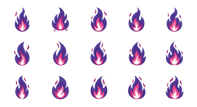 Animated purple and pink pixel art fire sprites for game development.