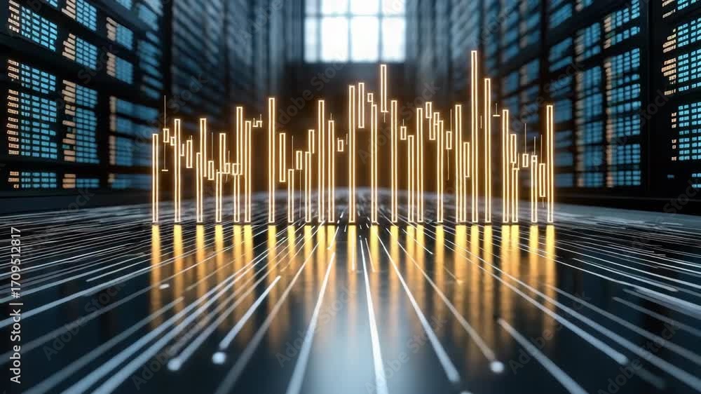 Poster digital data visualization with glowing abstract technology in futuristic server room design