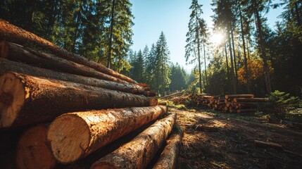 Elegant photo of pile of freshly cut logs in a sun-drenched forest clearing, representing logging industry, deforestation, forestry management, nature, timber and wood resources.