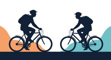Obraz premium Two cyclists riding bicycles with backpacks on a road with hills.