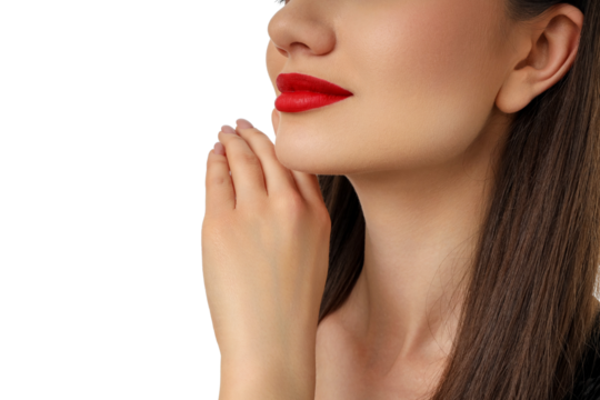 Woman elegantly poses with red lips and a graceful hand, isolated, PNG