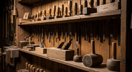 Woodworking hand tools neatly arranged on workshop shelves
