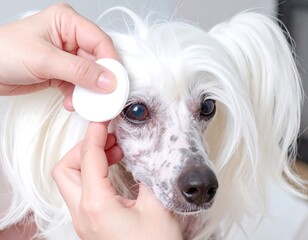 Dog's eye being cleaned with cotton pad