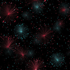 Fototapeta premium A vibrant abstract fireworks display with red and teal glowing particles exploding against a dark background creating a dynamic festive and celebratory atmosphere perfect for event and party designs