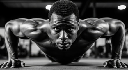 A determined black man performs a pushup exercise, showcasing his muscular physique and intense focus in a gym setting