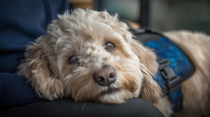 Emotional Support Animal Dog. A service dog providing deep pressure therapy by laying its head on its anxious owner's lap during a stressful moment.