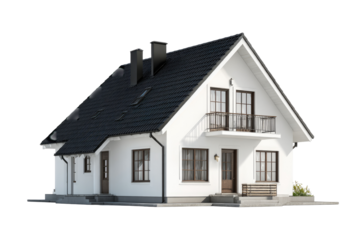 3D rendering of a two-story white house with dark roof