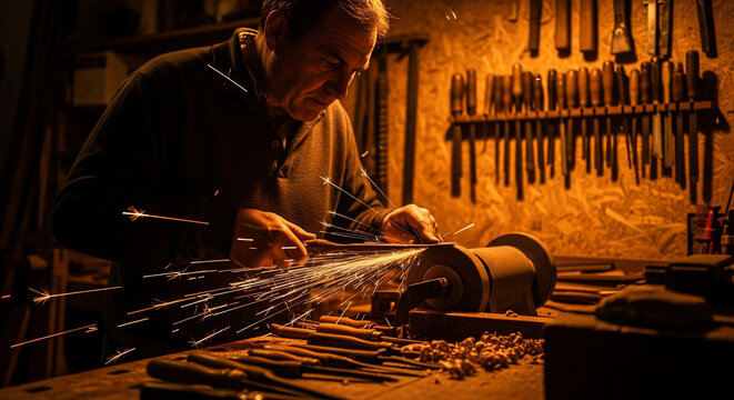 Man sharpening tool, sparks flying in workshop