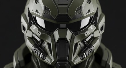 Futuristic Helmet, Advanced Technology, Military Gear, Close-up View, Modern Design.