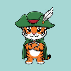 Cute tiger wearing a green hat and cape, standing with arms crossed.