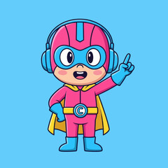 Cartoon superhero with headphones pointing up on a blue background.