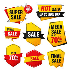 A collection of colorful, modern sale banners and promotional tags with various discount offers.