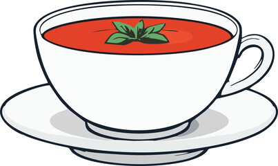Minimalist Vector Illustration of Tomato Soup in Cup with Basil Garnish and Saucer, Blue Background, Clean Line Art, Stock Clipar