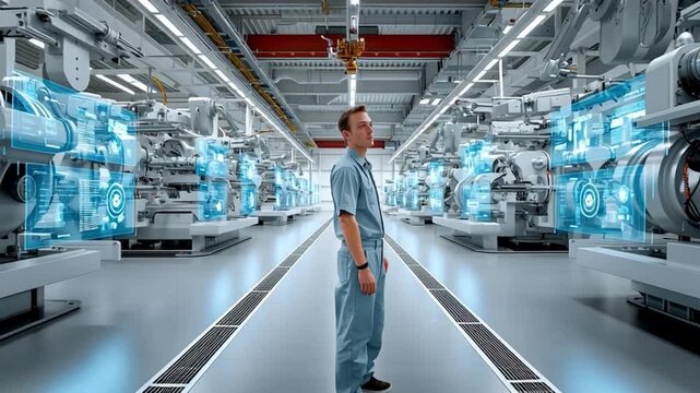 Vision of precision: In the heart of a vast industrial facility, a dedicated worker stands amidst rows of gleaming machinery, embodying the spirit of technical innovation.