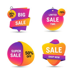 A collection of four vibrant sale tags and banners with different discount percentages and calls to action, perfect for retail promotions.