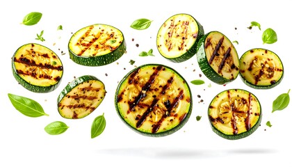 Grilled zucchini slices in mid-air, seasoned with herbs and spices