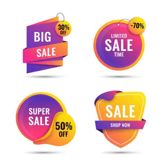 Four colorful sale banners with discounts and text.