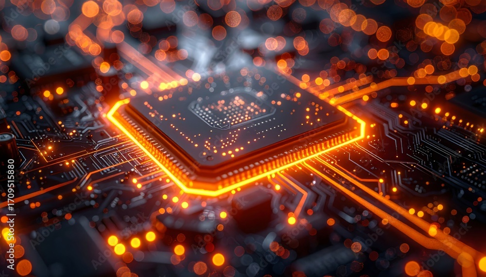 Aufkleber macro close-up on a green computer motherboard with microchips and a central processing unit