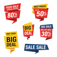 A collection of colorful promotional sale and discount tags with various percentages off and special offers, ideal for retail marketing.