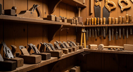 Rustic workshop with woodworking tools displayed on shelves