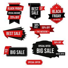 Collection of Black Friday and Best Sale promotional labels and banners.