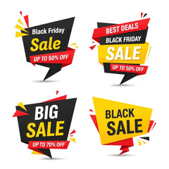 A collection of four modern Black Friday sale banners and tags with discount offers.