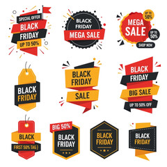 Twelve Black Friday sale banners with various designs and text.