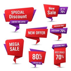 Collection of red and purple sale banners with various discount offers.