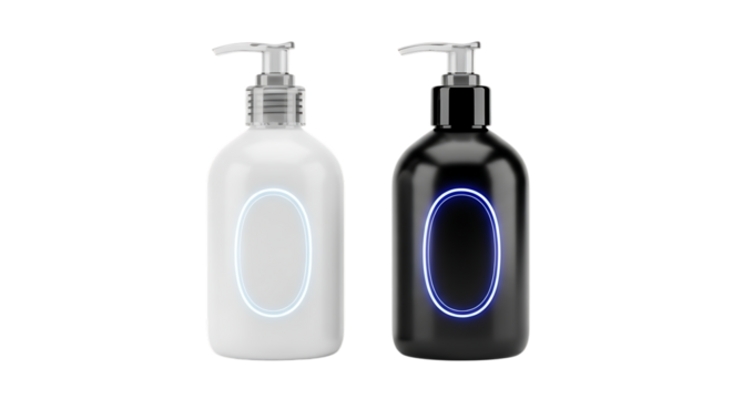Two dispenser bottles one white one black isolated on transparent background