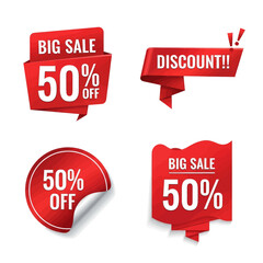 Collection of red sale tags and discount ribbons with various shapes and percentage off labels.