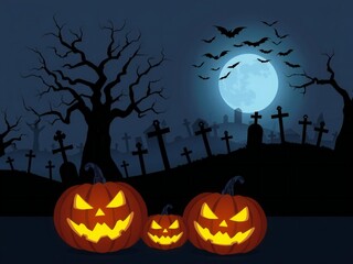Fototapeta premium Spooky halloween graveyard scene with glowing jack o lanterns and full moon