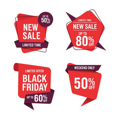 Four red sale banners with different offers and discounts.