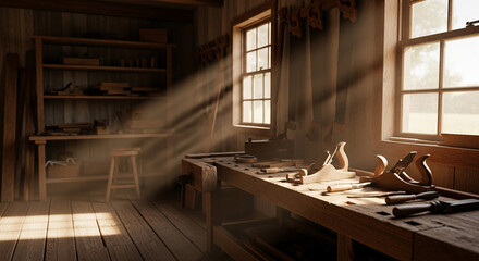 Sunlit Woodworking Shop Interior with Tools on Workbench
