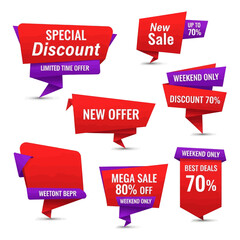 A collection of modern red and purple origami-style sale banners, tags, and labels for retail promotions.