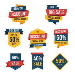 A collection of colorful discount and sale badges with various percentages and special offer texts, designed for promotions.