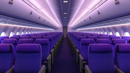 Empty airplane cabin with rows of violet seats and ambient purple lighting extending towards the tail