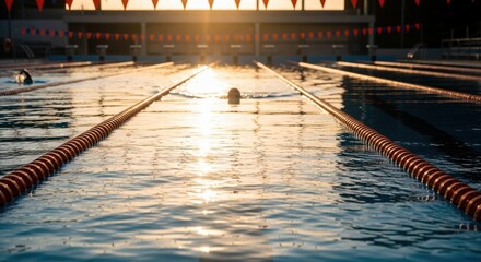 Swimmer in a lane at sunrise, with the sun reflecting on the water and lane lines stretching into the distance