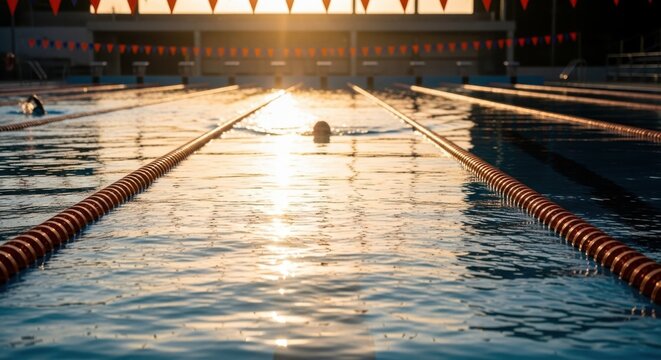 Swimmer in a lane at sunrise, with the sun reflecting on the water and lane lines stretching into the distance