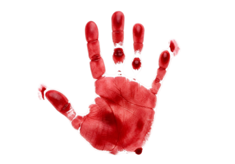 A stark, blood-red handprint stands out against a black backdrop, showcasing a potent visual of violence.