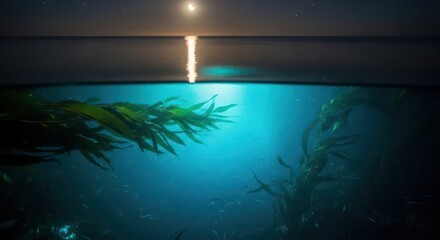 Underwater Kelp Forest Illuminated by a Crescent Moon's Reflection