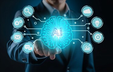 Business hand activates glowing brain—smart tech meets strategy.