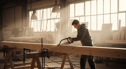 Man sawing large timber beam in workshop