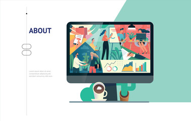 E-commerce information vector graphic A laptop with a “About” screen showing a colorful scene, on a light background