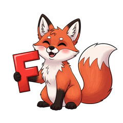 A cute cartoon fox holding the letter F with a happy expression.