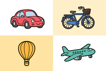 A cartoon illustration featuring a red car, a blue bicycle, a yellow hot air balloon, and a green airplane