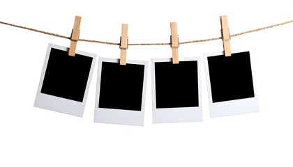 Blank Polaroid Photos Hanging on a String with Wooden Clips with Isolated White Background.